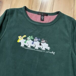 Vintage Avalon Petite Women's Sz MP Green Fleece Sweater Snowman Winter Holiday